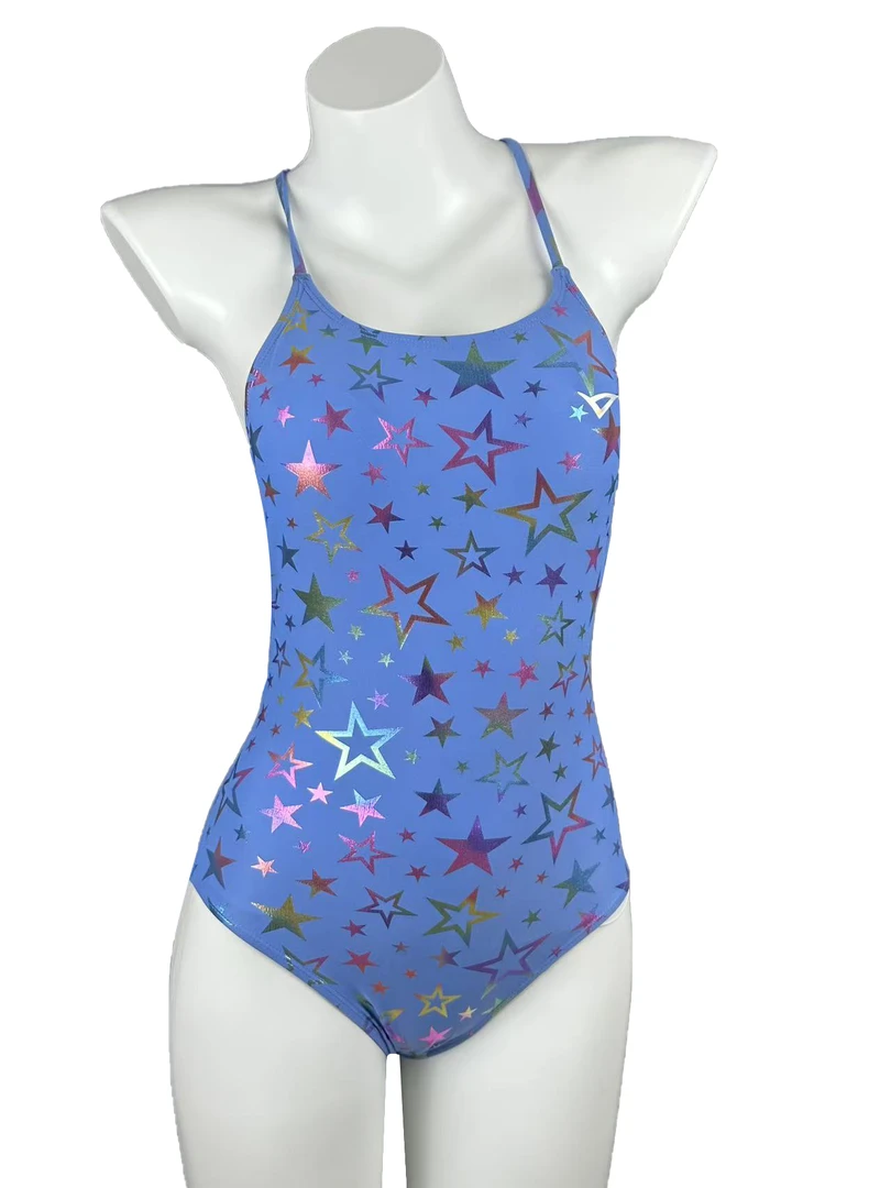 多巴胺色系专业竞速露背显瘦中低叉带垫三角连体泳衣