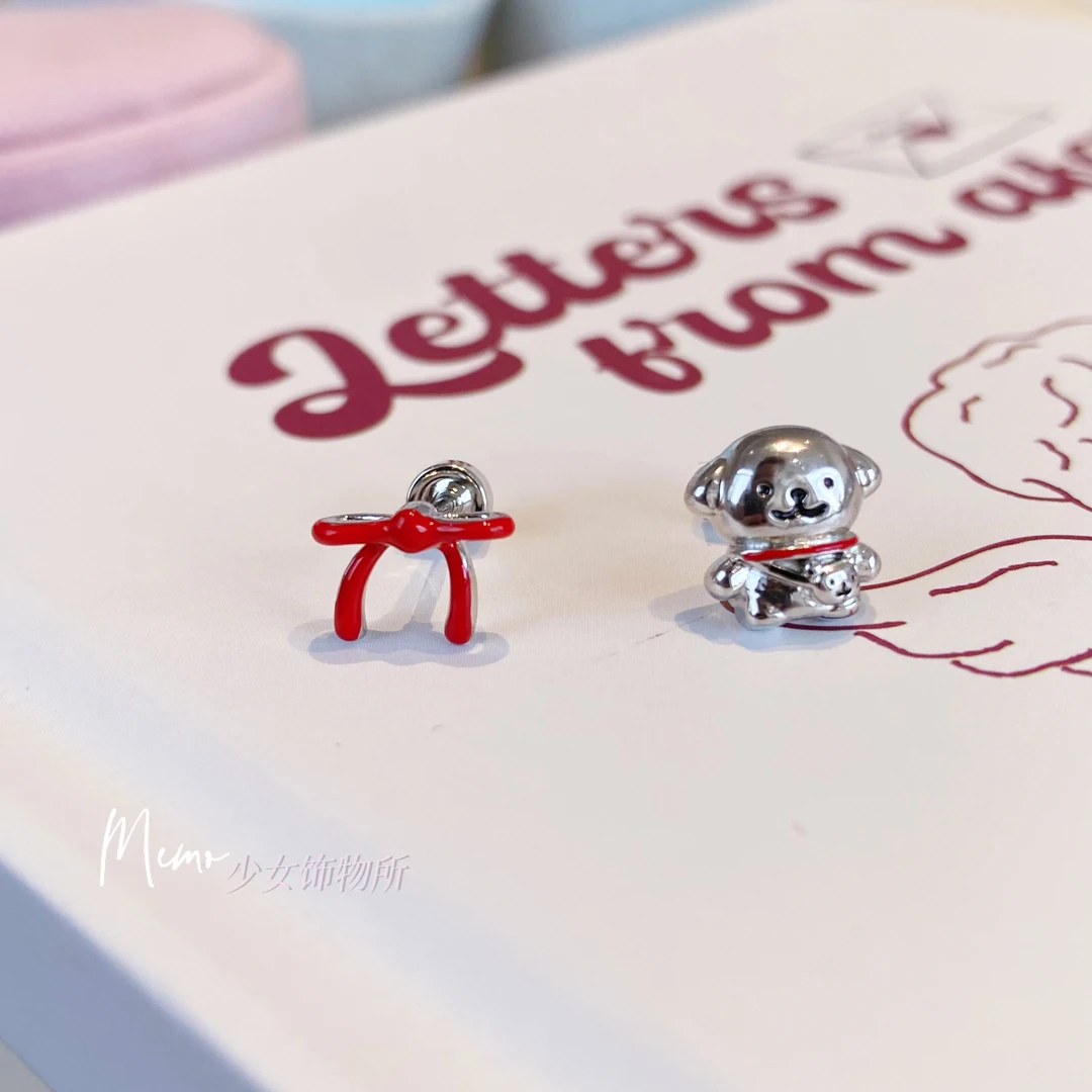 铜合金耳饰 E004 背包小狗 蝴蝶结狗狗钛钢耳骨钉耳钉