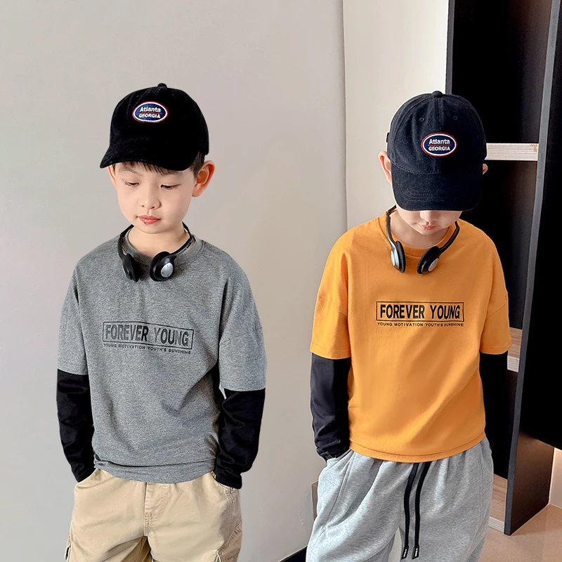 男童长袖t恤春秋装儿童圆领打底衫2025新款中大童假两件纯棉上衣