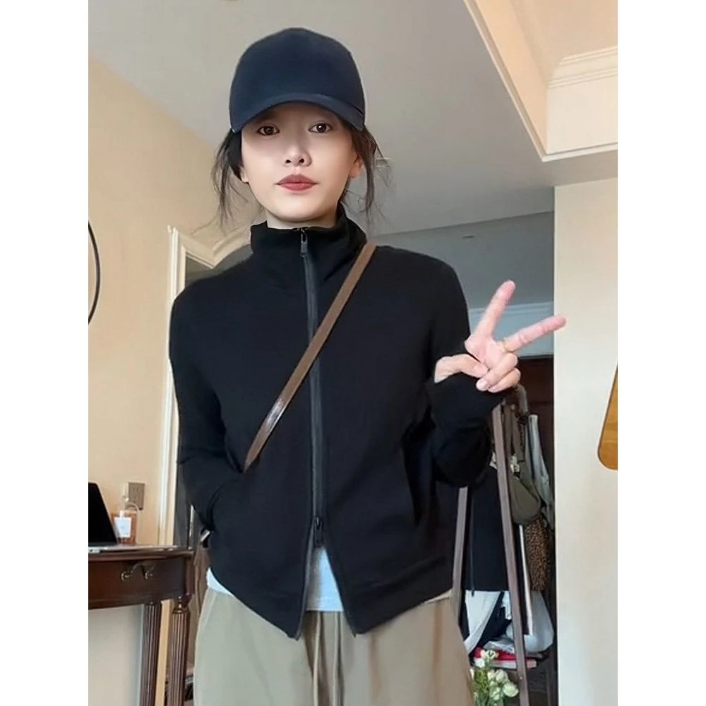 黑色立领双拉链长袖卫衣女秋季款2025新款宽松显瘦小个子短款上衣