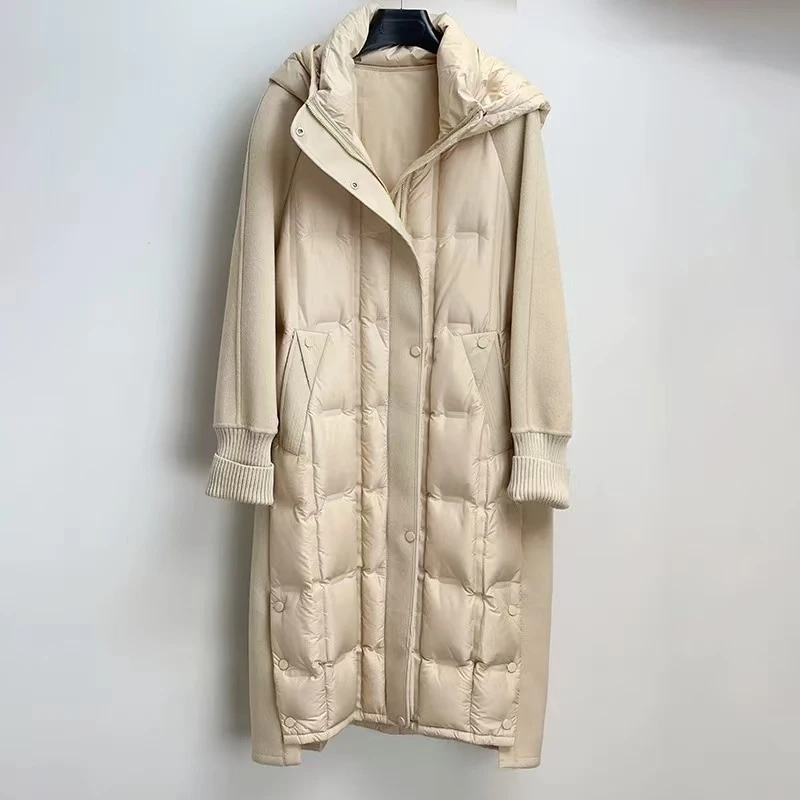 【D9512】高级感长款白鸭绒羽绒服女冬新款拼接双面呢保暖外套