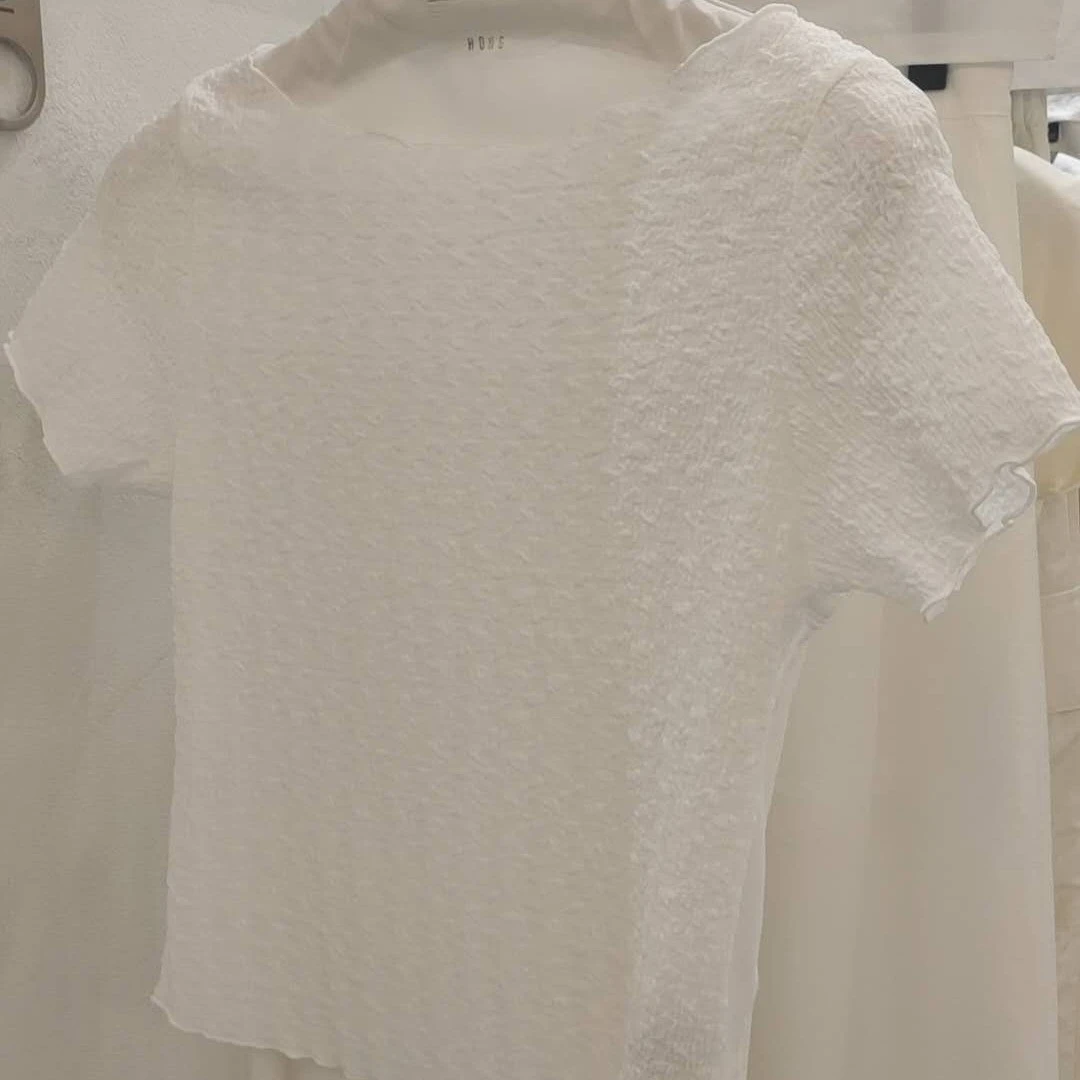 褶皱风圆领短袖T恤NO退换P-617通勤纯色褶皱