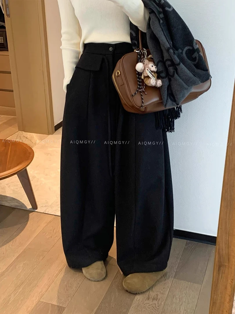 灰灰呀！5618 韩代复古设计荷叶边飘带高腰百搭加绒加厚阔腿休闲裤