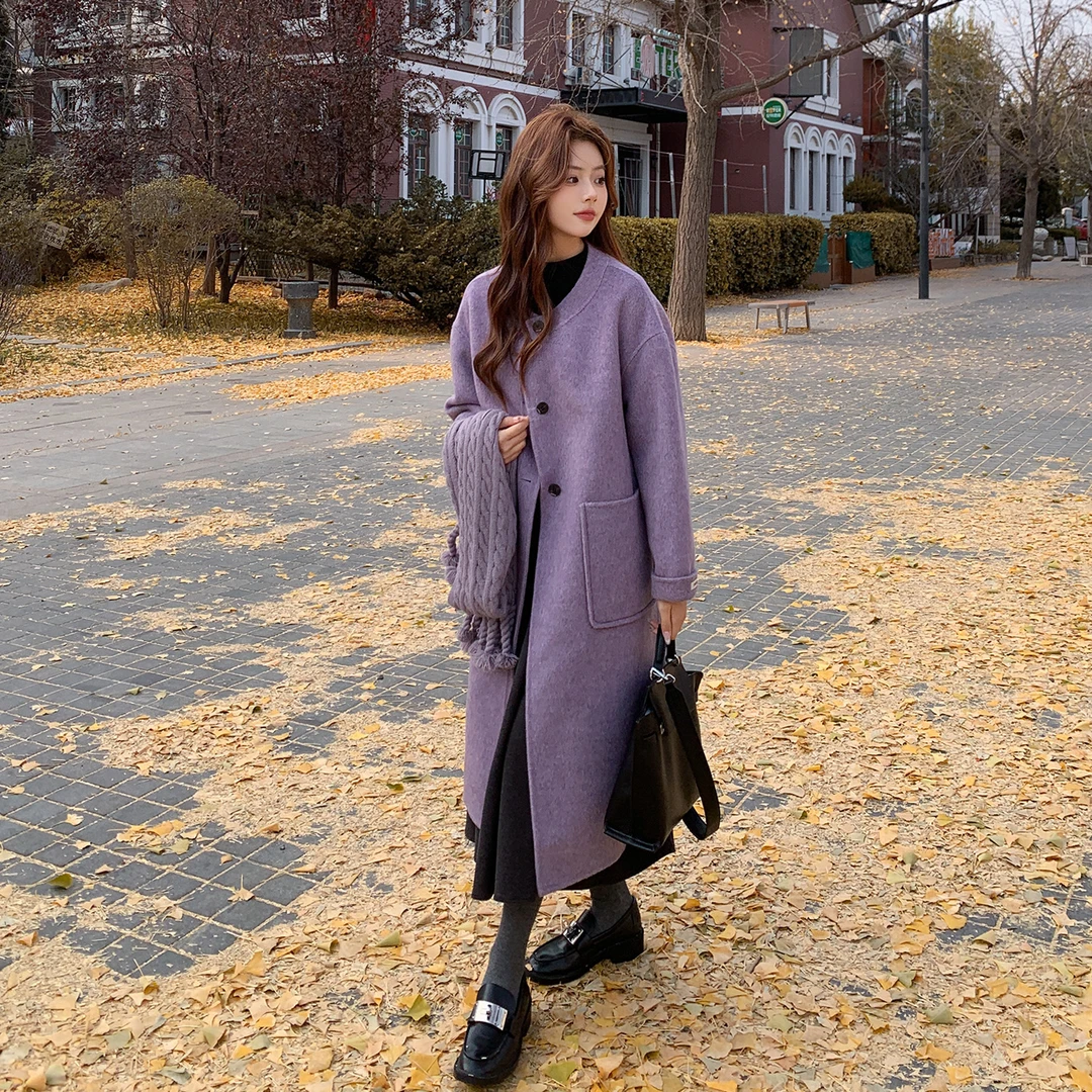 紫色围巾款双面呢羊毛大衣女2025冬季新款气质温柔风长款毛呢外套