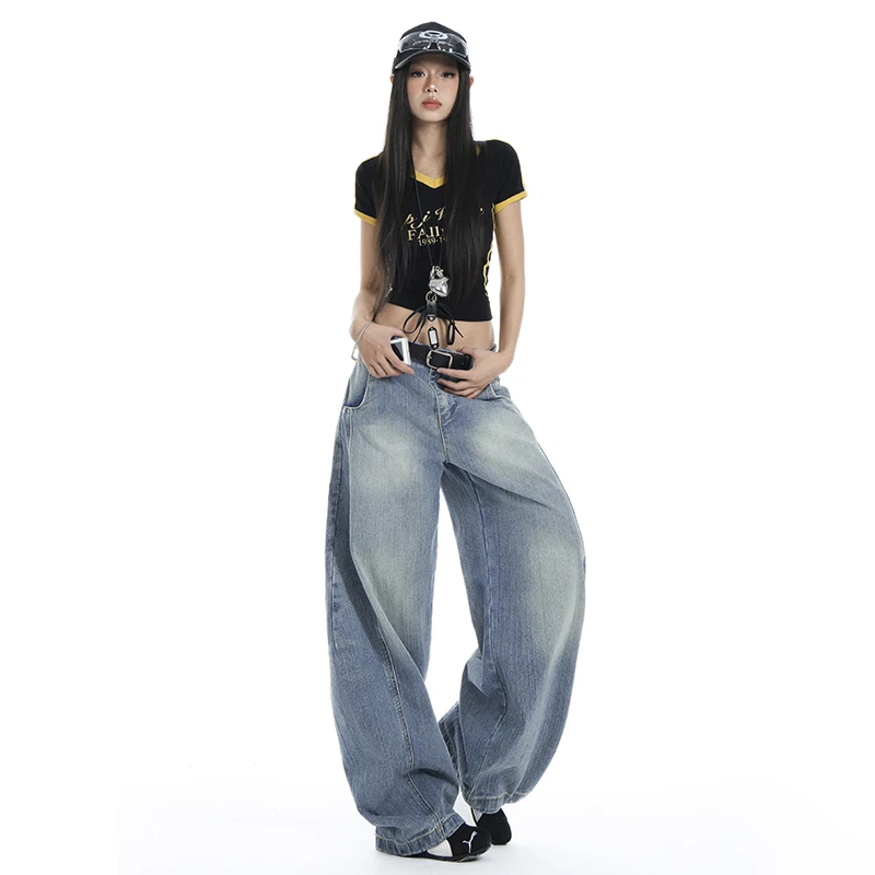 2025春季好货美式复古水洗浅蓝色弯刀牛仔裤女新款宽松阔腿拖地裤