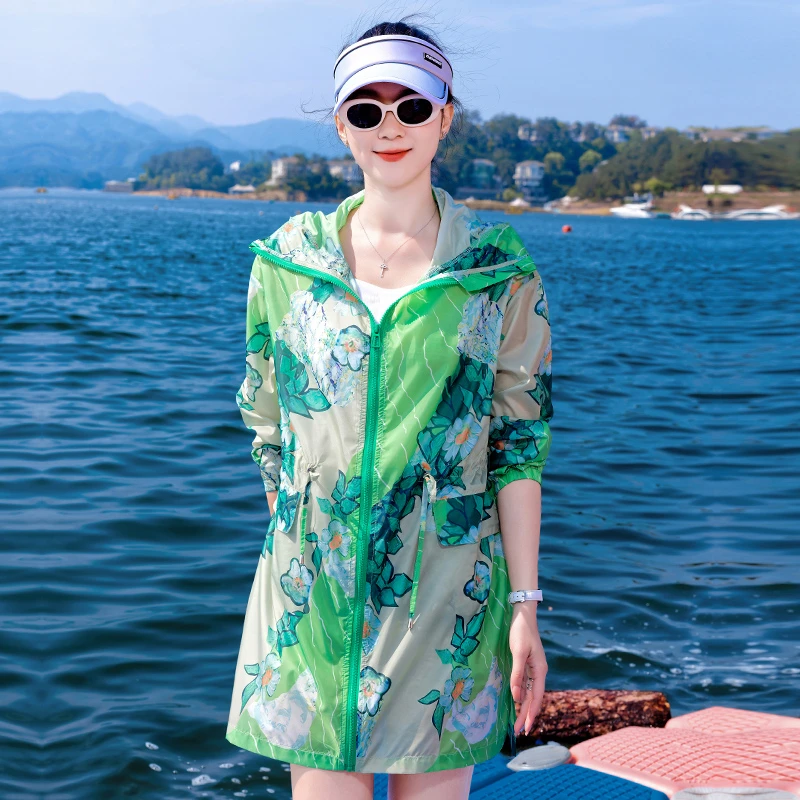中长款女士防晒衣夏季2025新款户外旅行花色防晒服轻薄透气薄开衫