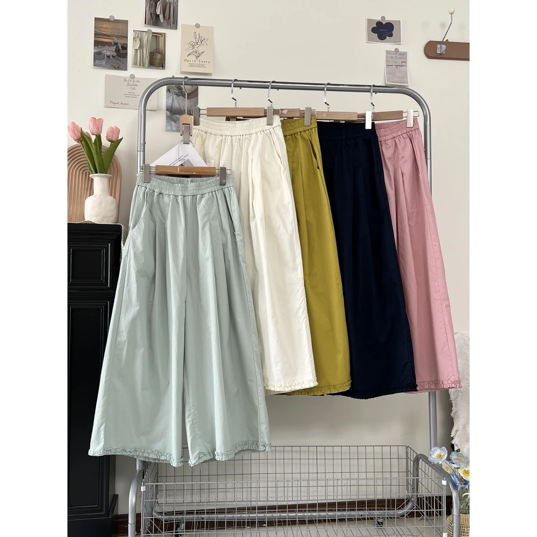 专柜品牌日系 夏季新款文艺薄款松紧高腰木耳花边裤宽松百搭休闲