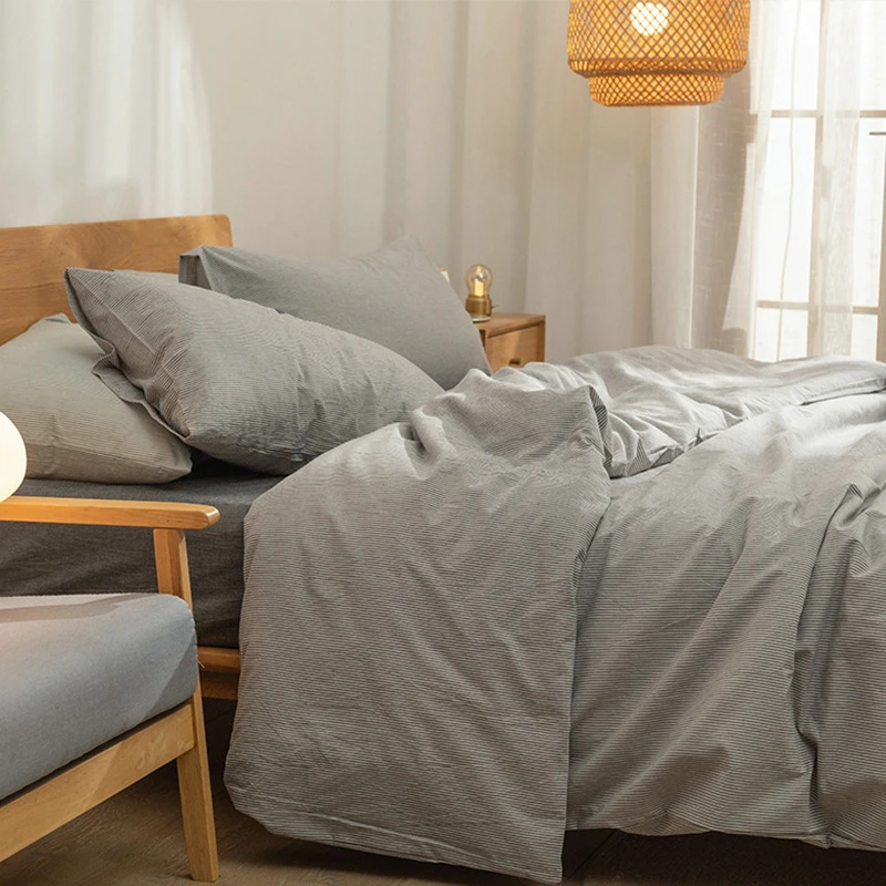 【纯棉被套】无印风单双人细条纹100棉纯棉色织纱布被套