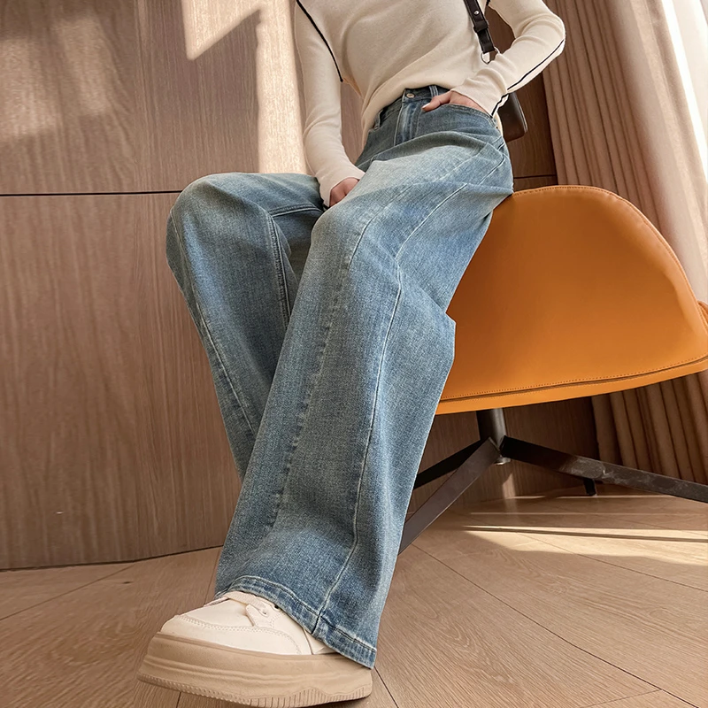 牛仔弯刀裤女春秋2025新款高个子加长版高腰窄版直筒裤宽松阔腿裤