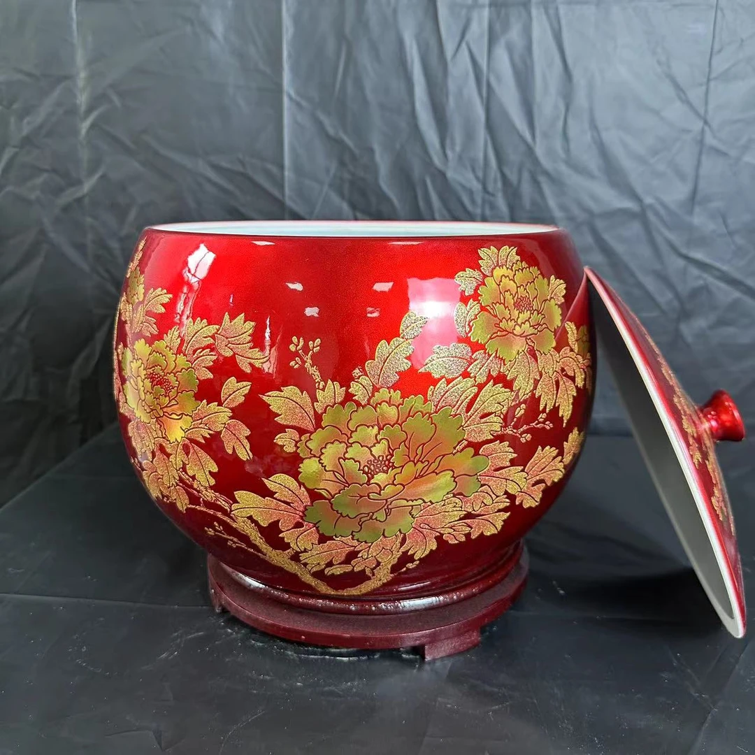 ZY-DP-A79中国红水晶釉牡丹花多功能储物罐+底座高25厘米宽25厘米
