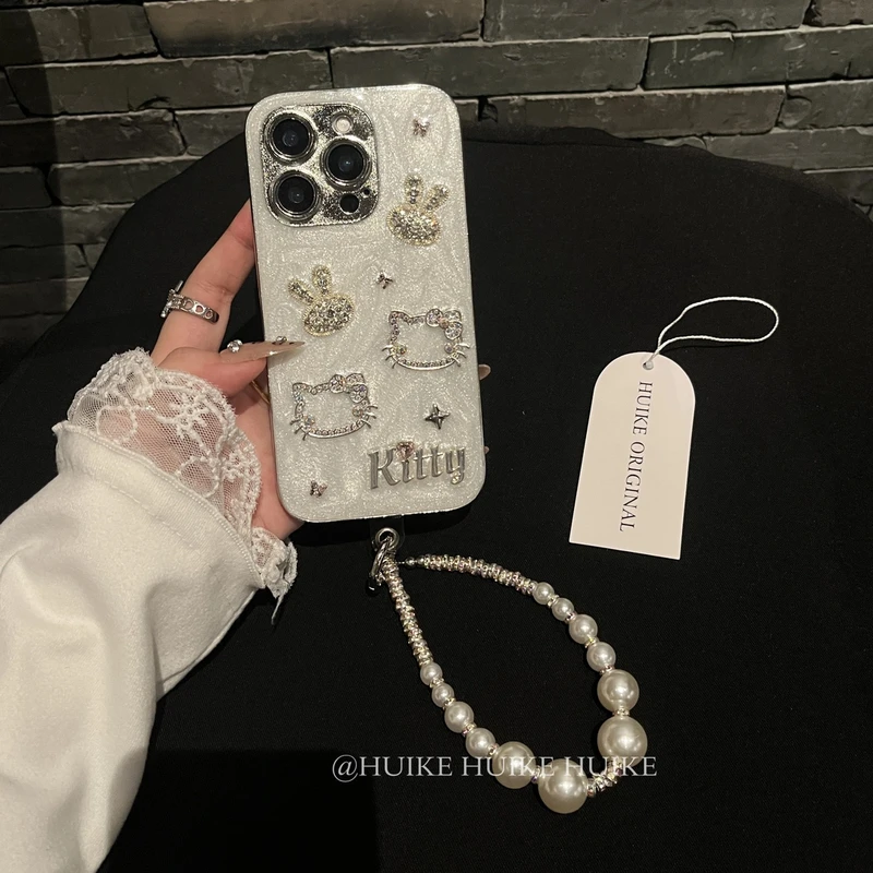 滴胶闪钻kt猫兔子适用苹果16手机壳iphone15/14/13promax手链女款