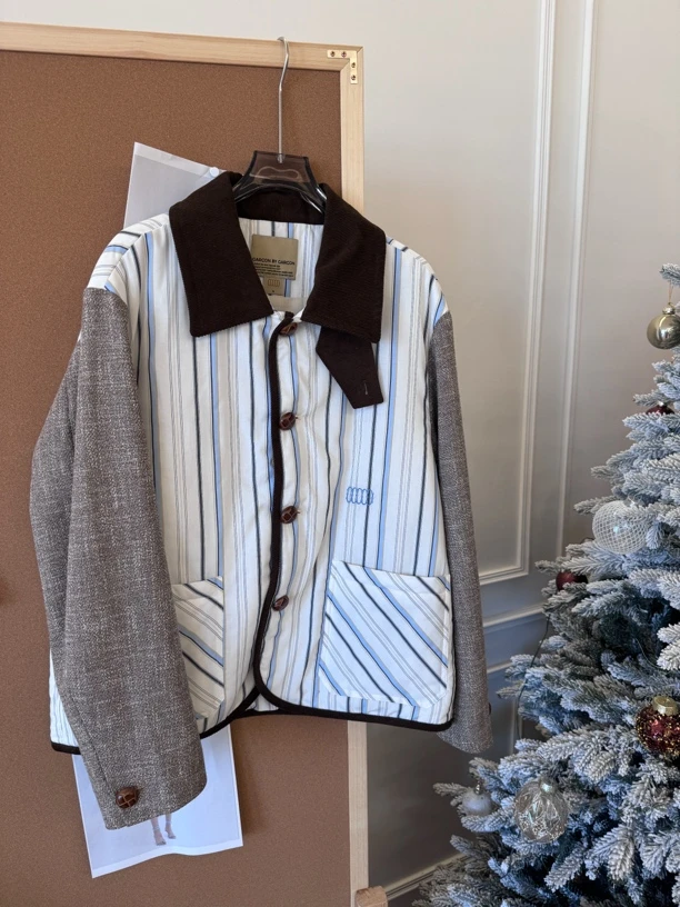 【设计师品牌】Garcon by Garcon 经典条纹拼接羊毛翻领外套