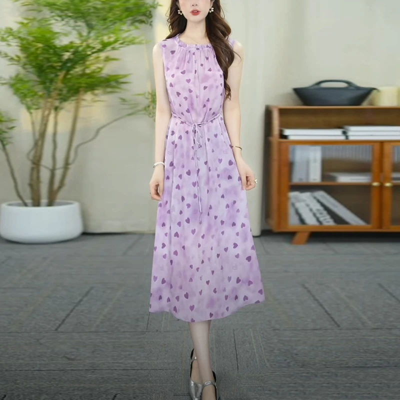 冰丽丝洋气衣服女2025夏季新款时尚圆领温婉大方减龄优雅连衣裙子