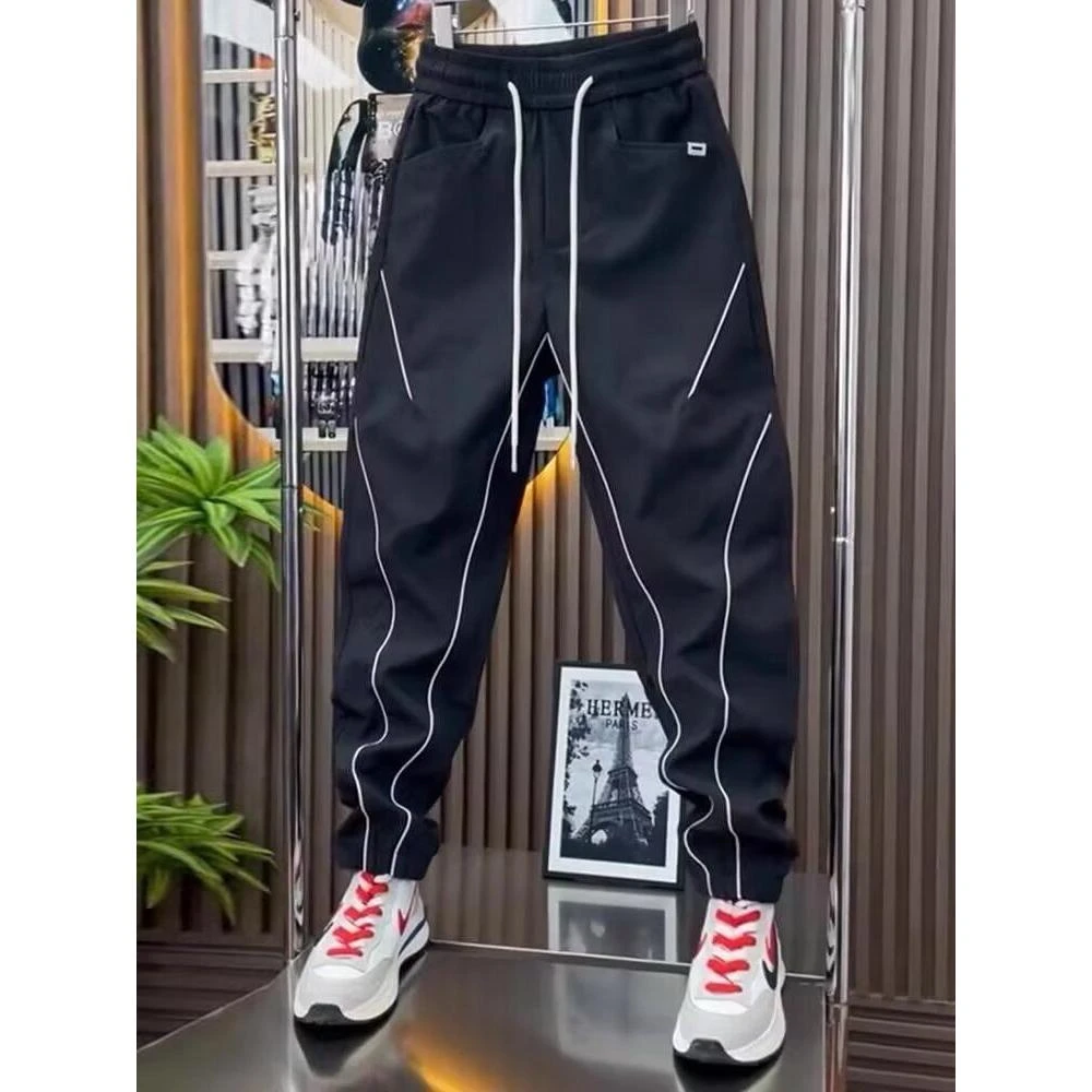 春夏季薄款休闲裤男潮牌高感宽松运动束脚裤2025新款条纹黑色男裤