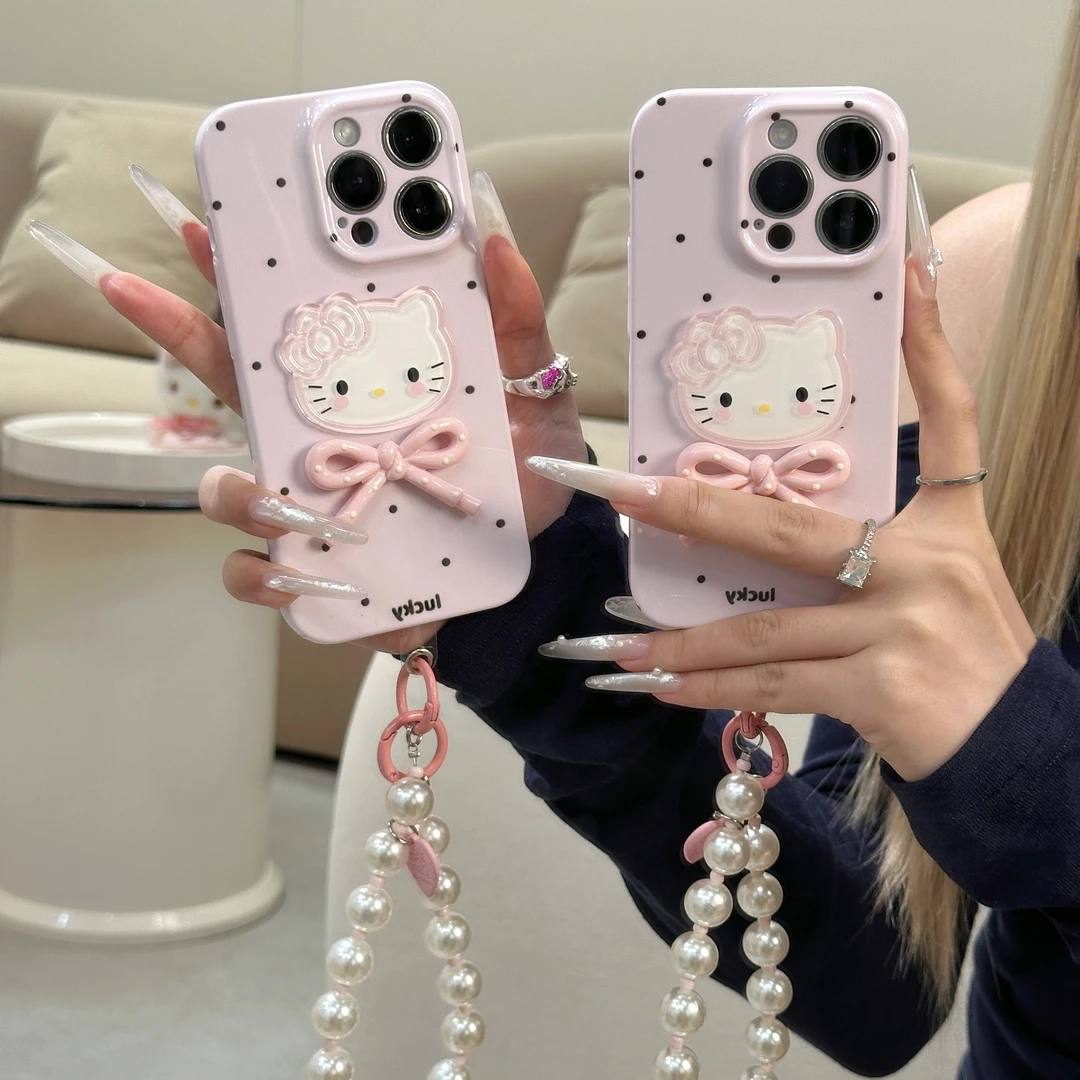 简约粉底波点kt猫适用苹果16手机壳iPhone华为P70vivoppo小米15女