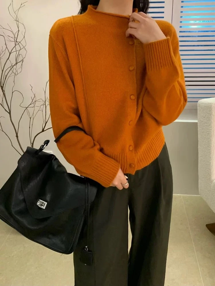 【鱼骨包扣】半高领厚款单排扣小个子慵懒针织开衫女毛衣秋冬新款