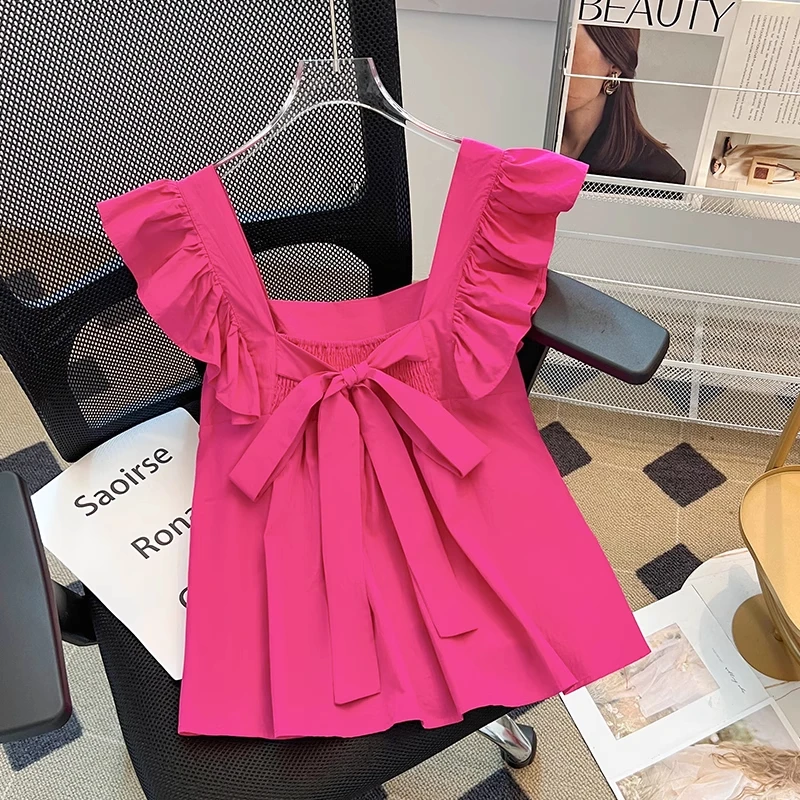 拉夏贝尔法式甜美玫红色方领衬衫2025夏新款荷叶边小飞袖短款上衣