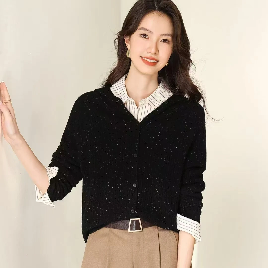 【浥尘女装】纯羊毛春秋气质百搭彩点羊毛外套针织开衫休闲带帽