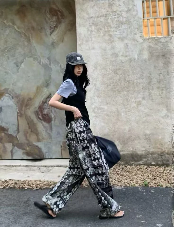 网红同款春夏新中式国风腰果印花天丝麻休闲裤女宽松直筒阔腿长裤