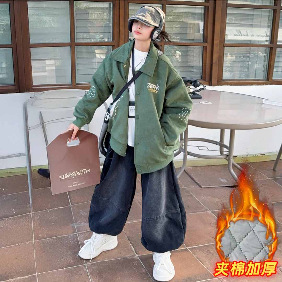 【嘻嘻柚】女童秋冬夹棉加厚棒球服外套2025冬季休闲美式刺绣夹克潮