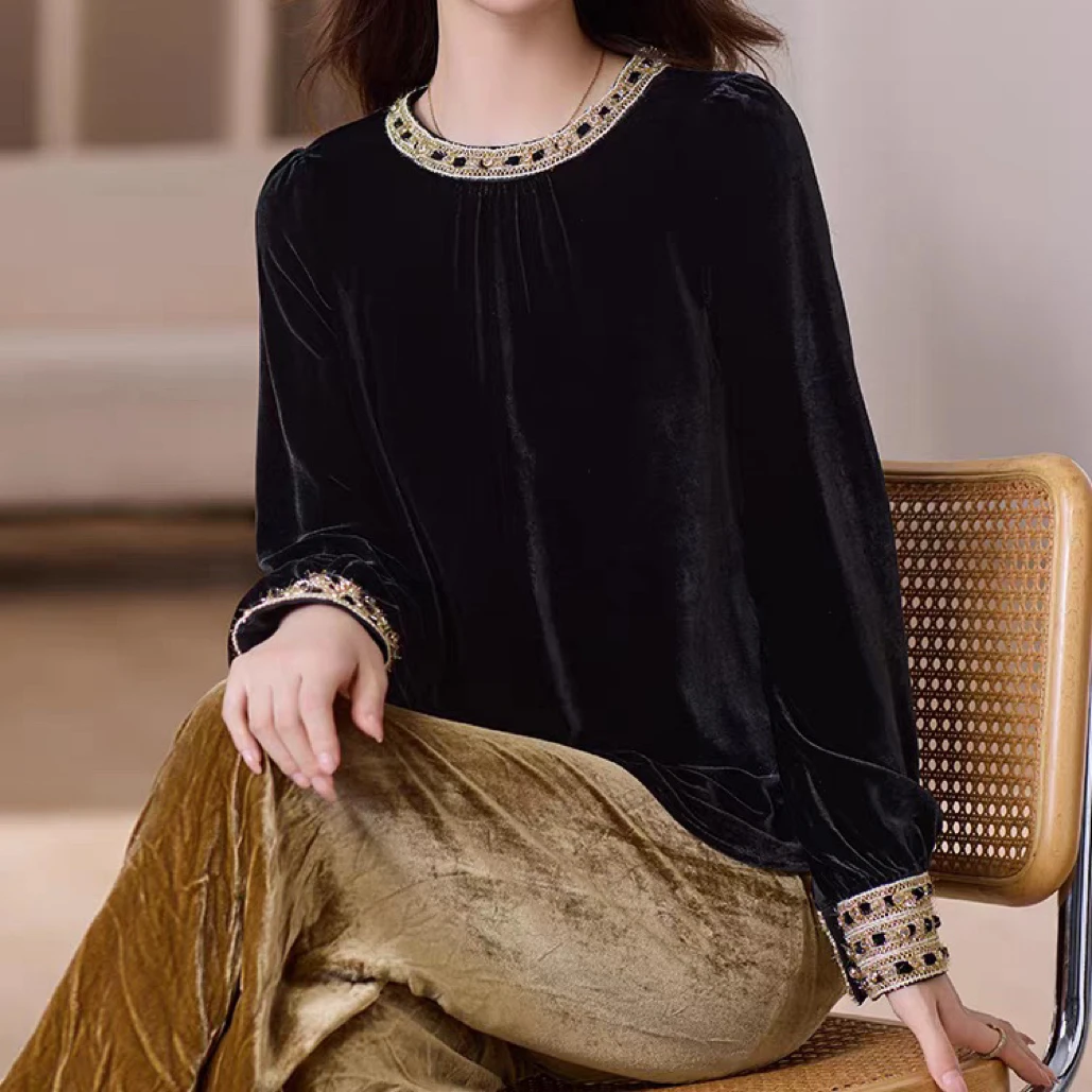 镶钻钉珠气质款100%桑蚕丝真丝丝绒上衣