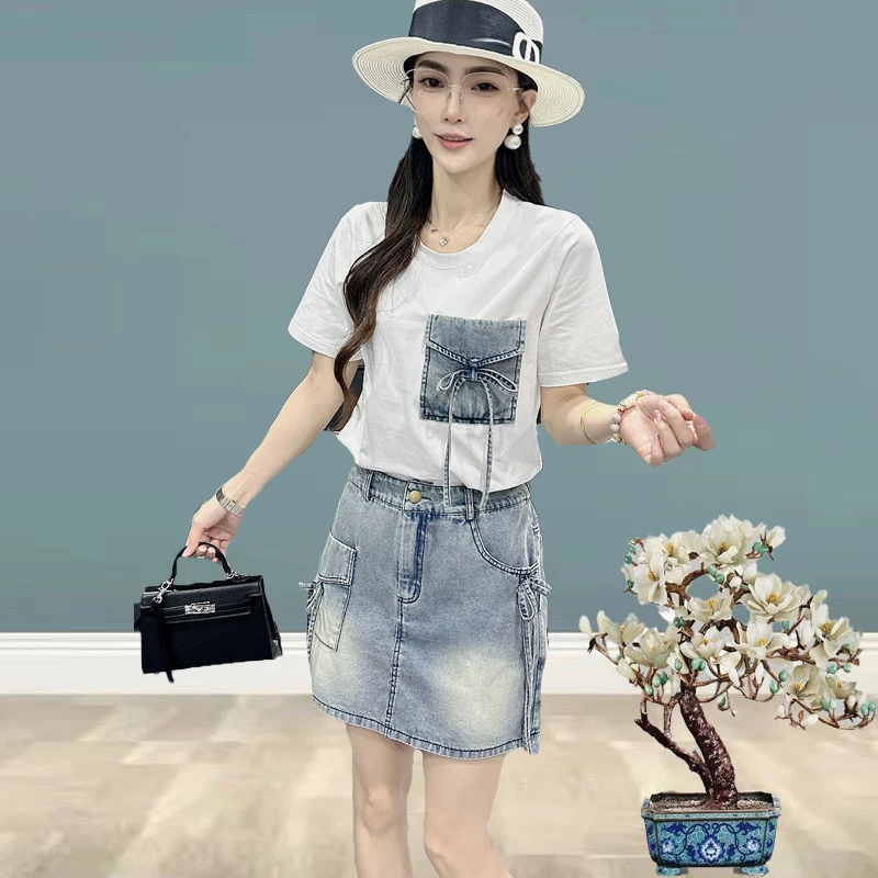 555638时尚洋气简约半袖上衣+牛仔短裙2025夏季新款休闲两件套