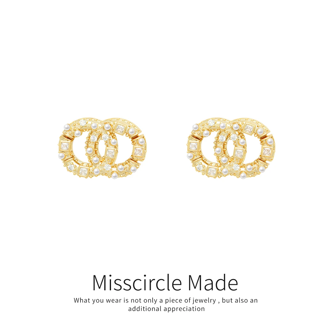 瑟可 铜合金合成锆石耳饰 金色珠珠点钻圆环耳环经典气质轻奢2550