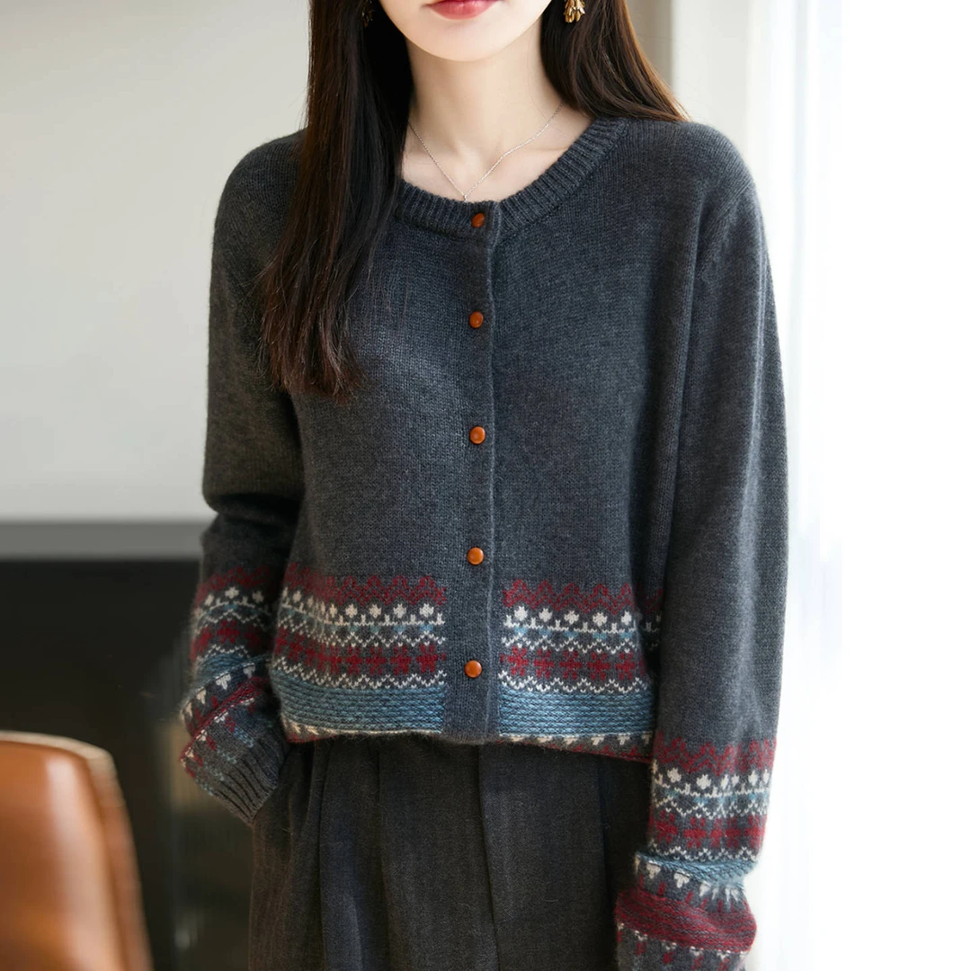 费尔岛提花针织开衫女25秋冬新款复古圆领毛衣外套加厚保暖短上衣