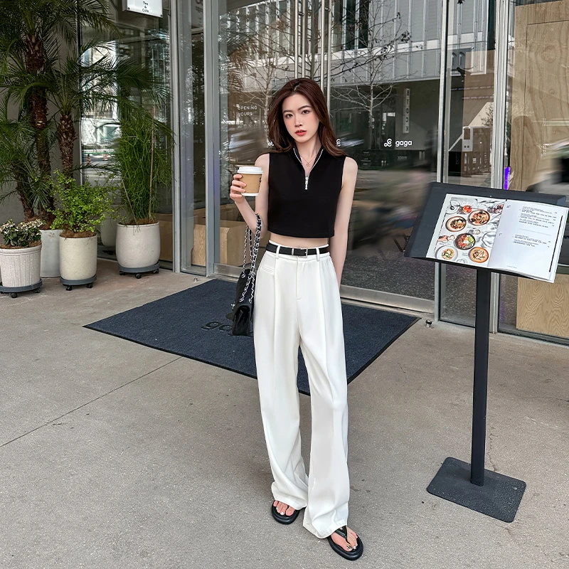 冰丝酷白色高端阔腿裤2025新款高腰褶皱套装直筒裤修身裤