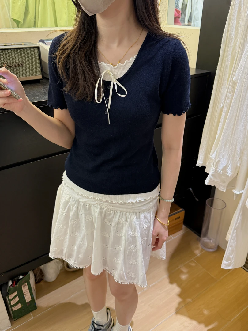 L-DH800#这款假两件木耳边T恤真的不要温柔百搭啦~