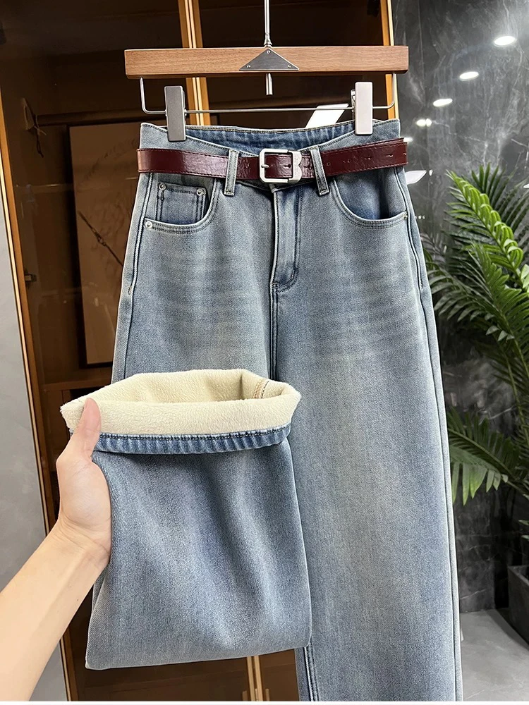 古欧加绒中高腰牛仔直筒裤女  H0338 A9