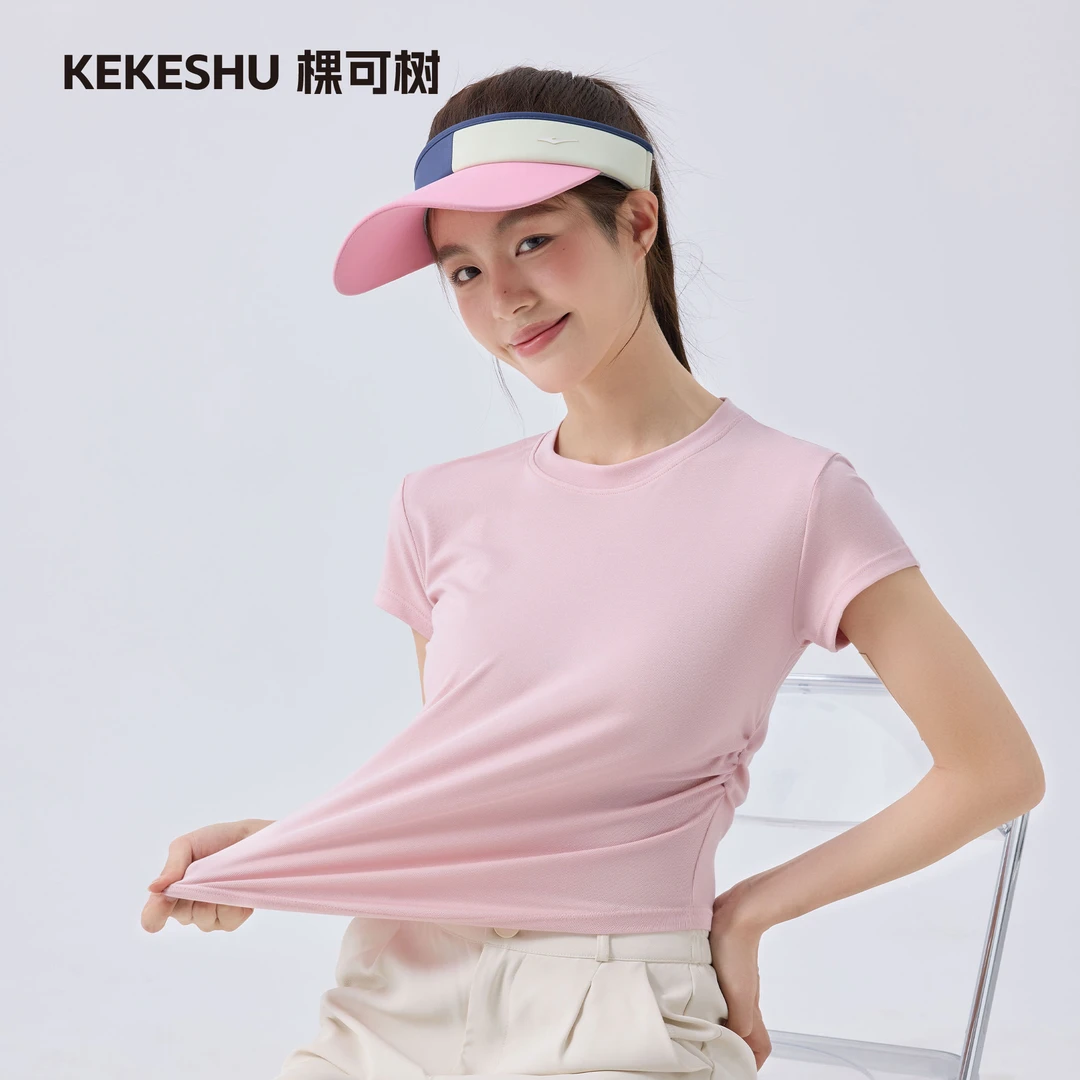 天丝莱赛尔冰感凉T两侧收腰褶皱款显瘦圆领纯色运动夏季女士短袖