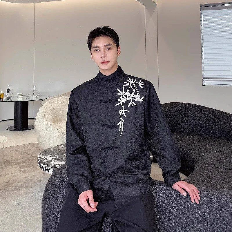 新中式刺绣立领盘扣唐装衬衫男士高级感外套中国风立领长袖茶服潮