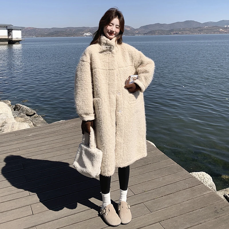 高级感中长款立领仿羊羔毛大衣女冬2024新款加厚皮毛一体棉服外套