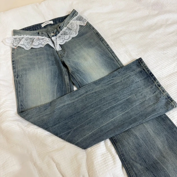 东大门正品春夏新款蕾丝牛仔喇叭裤