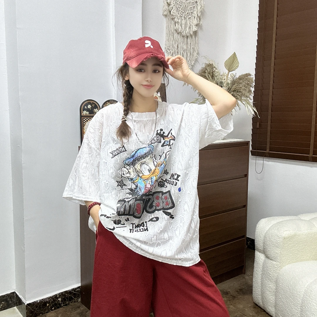 LU/鹿儿Y22252时尚大版宽松百搭休闲简约夏季新款慵懒圆领短袖T恤