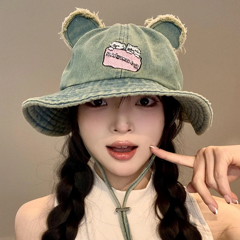 小熊耳朵牛仔渔夫帽女春夏遮阳防晒盆帽日系百搭大头围显脸小帽子