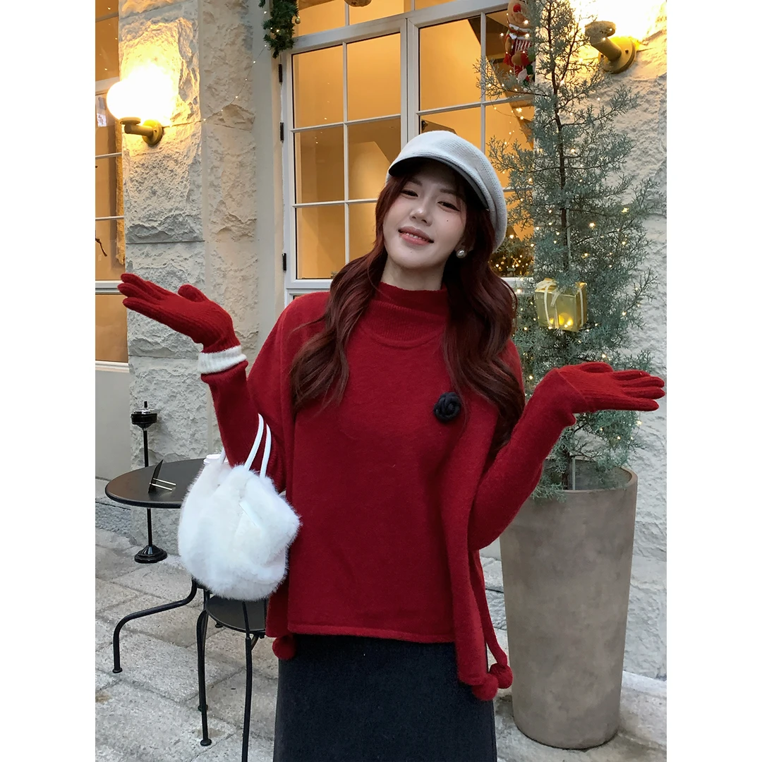 现货 甜辣多多【山茶花开】秋冬宽松慵懒百搭上衣+披肩两件套针织衫