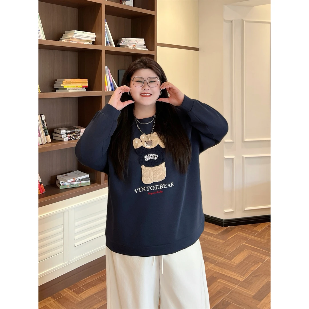 大码女装秋季百搭花契200斤胖mm圆领小熊卫衣15634-X