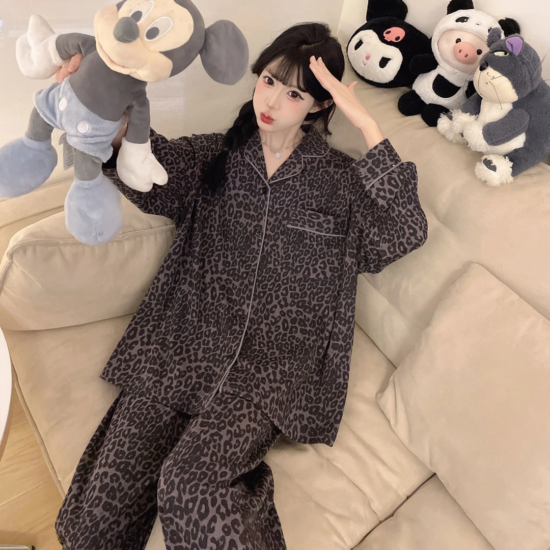 高级感豹纹睡衣女款宽松大码秋冬季可外穿棉质长袖保暖家居服套装