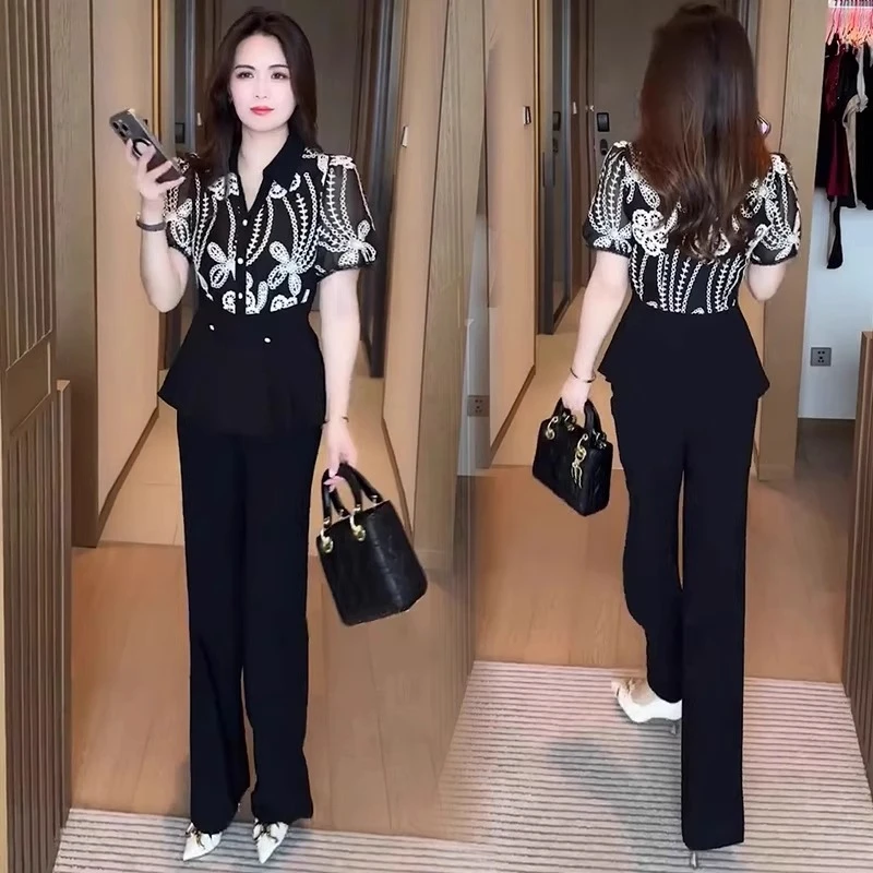 时尚套装女夏新款洋气修身显瘦短袖上衣阔腿裤两件套