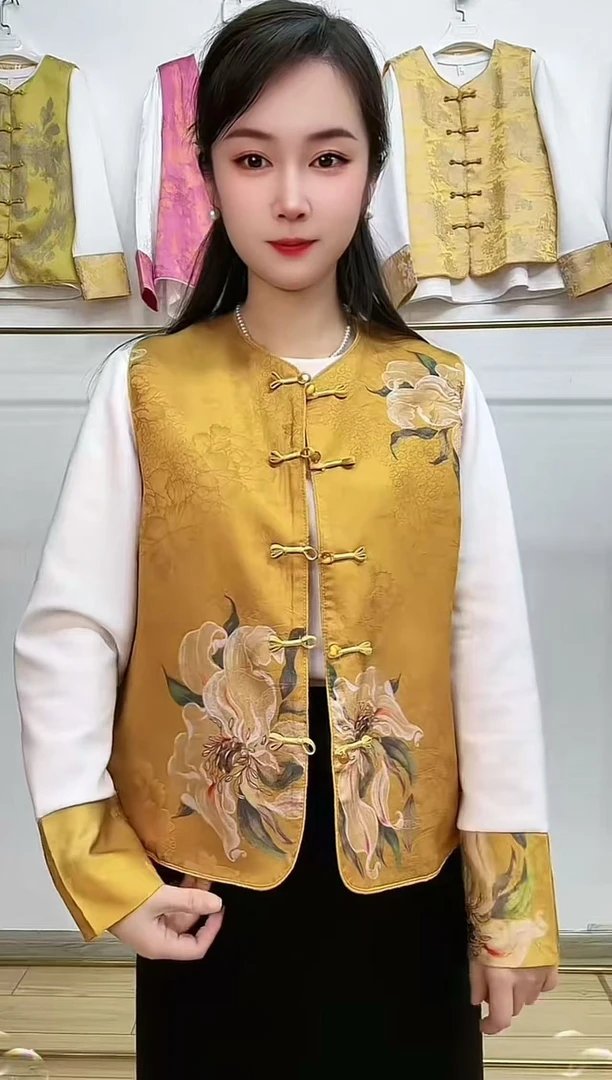 春秋款新中式国风牡丹花缎面妈妈装ins中国风2025网红马甲民族风