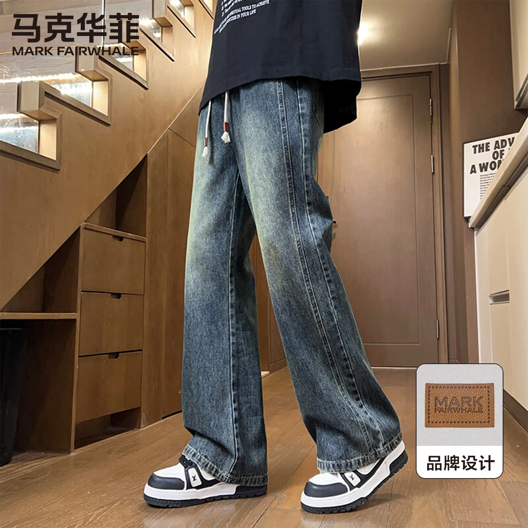 马克华菲美式复古微喇裤男生2025夏季潮牌直筒水洗牛仔裤