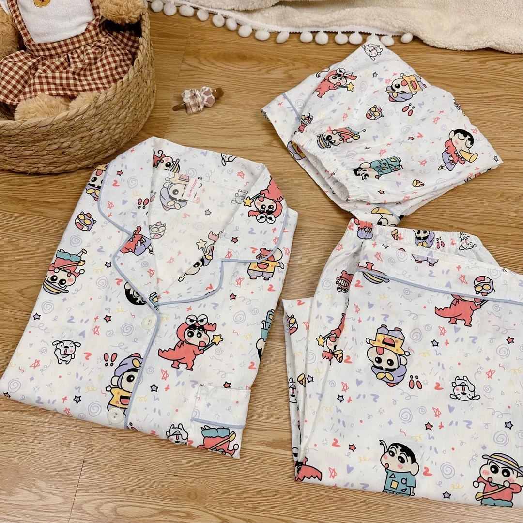 【蜡笔小新短袖三件套】云朵棉睡衣女短袖短裤长裤夏季薄卡通家居服