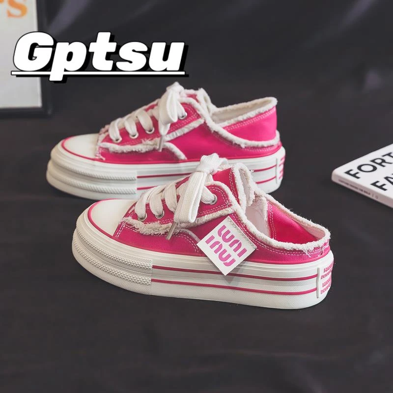 GPTSu夏季新款厚底粉色透气两穿半拖帆布鞋女小众百搭休闲鞋板鞋