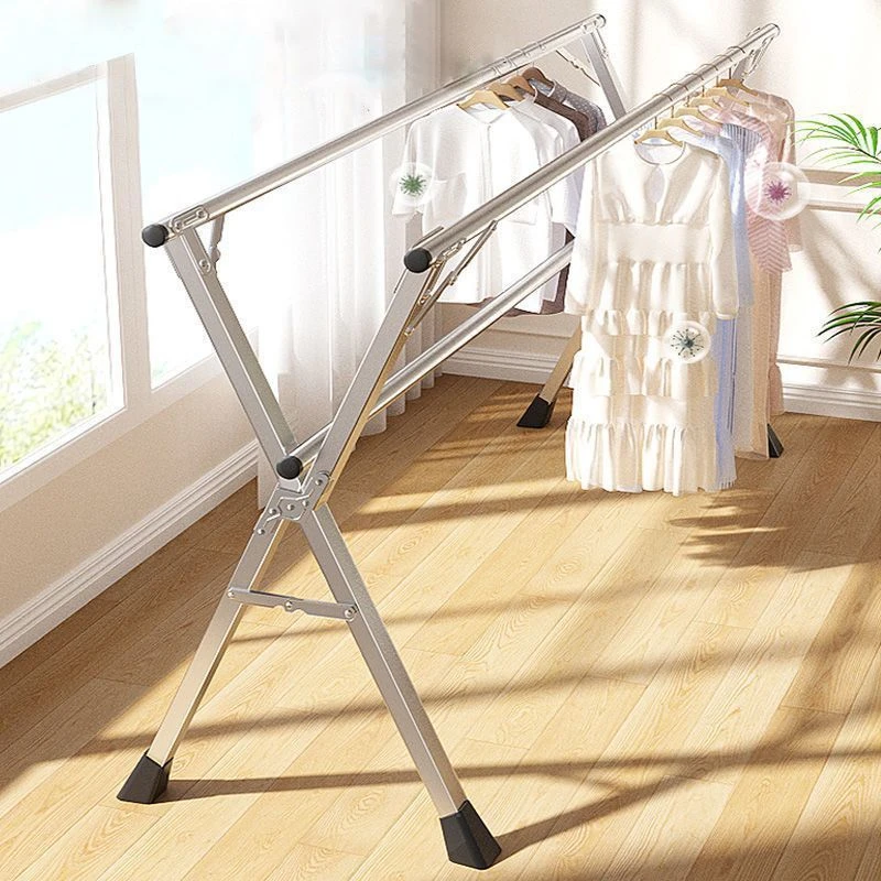 厨婉全钢晾衣架折叠室内外晾晒衣架双杆阳台挂衣架X型伸缩晾衣杆