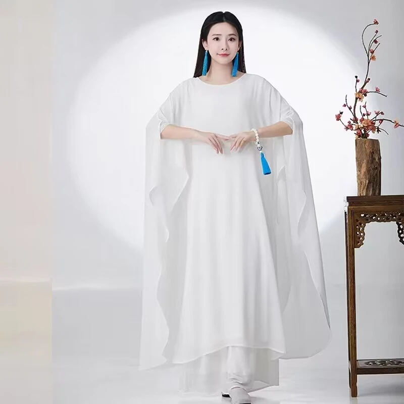 新中式佛系禅舞服装仙女飘逸套装宽松简约白色圆领开衫衬衣两件套