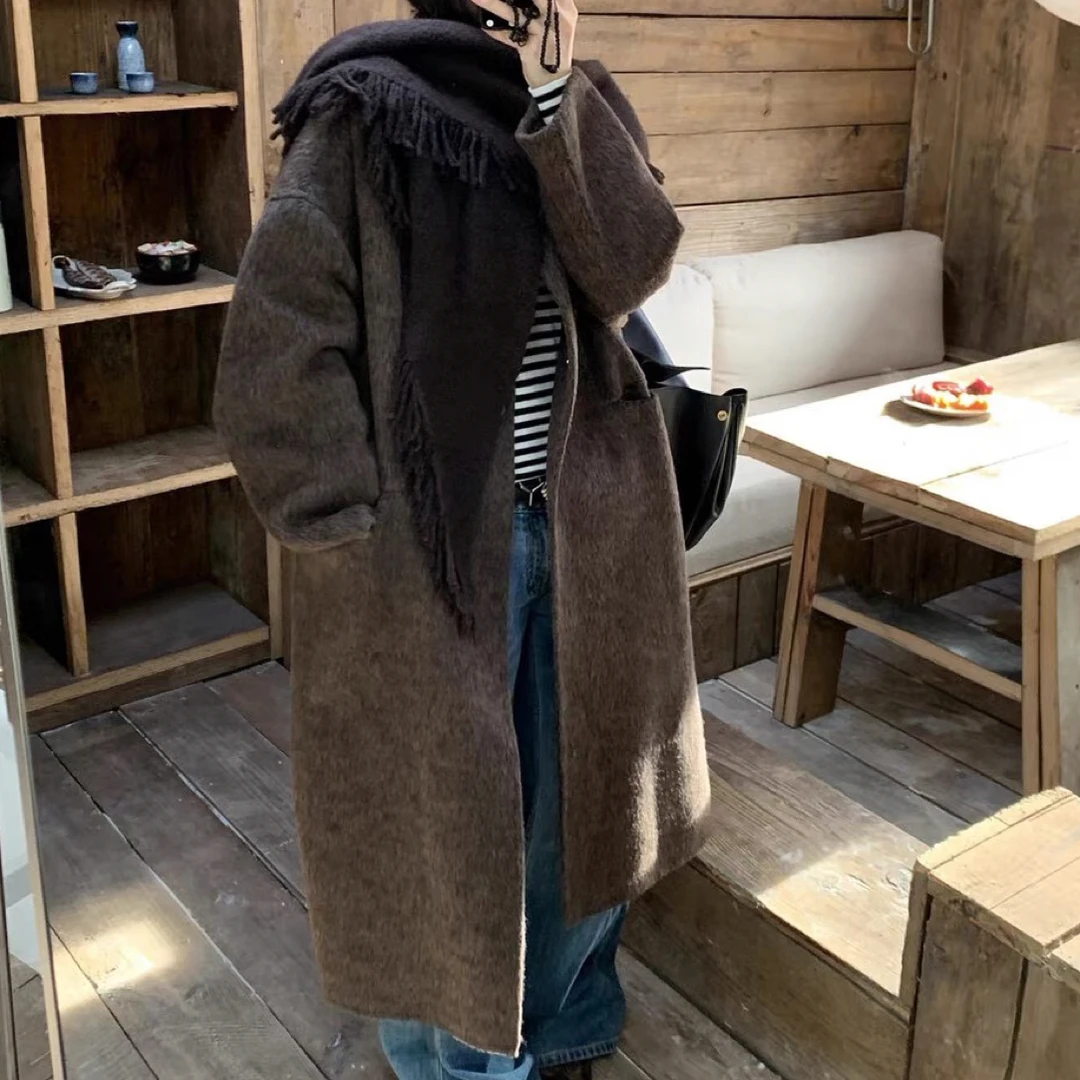 【DMW正版】2025年冬季新款宽松洋气双面毛呢配围巾两件套秋冬大衣