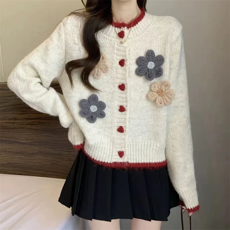 5115【衣长53】小香风减龄立体花朵针织开衫女秋冬设计感气质百搭