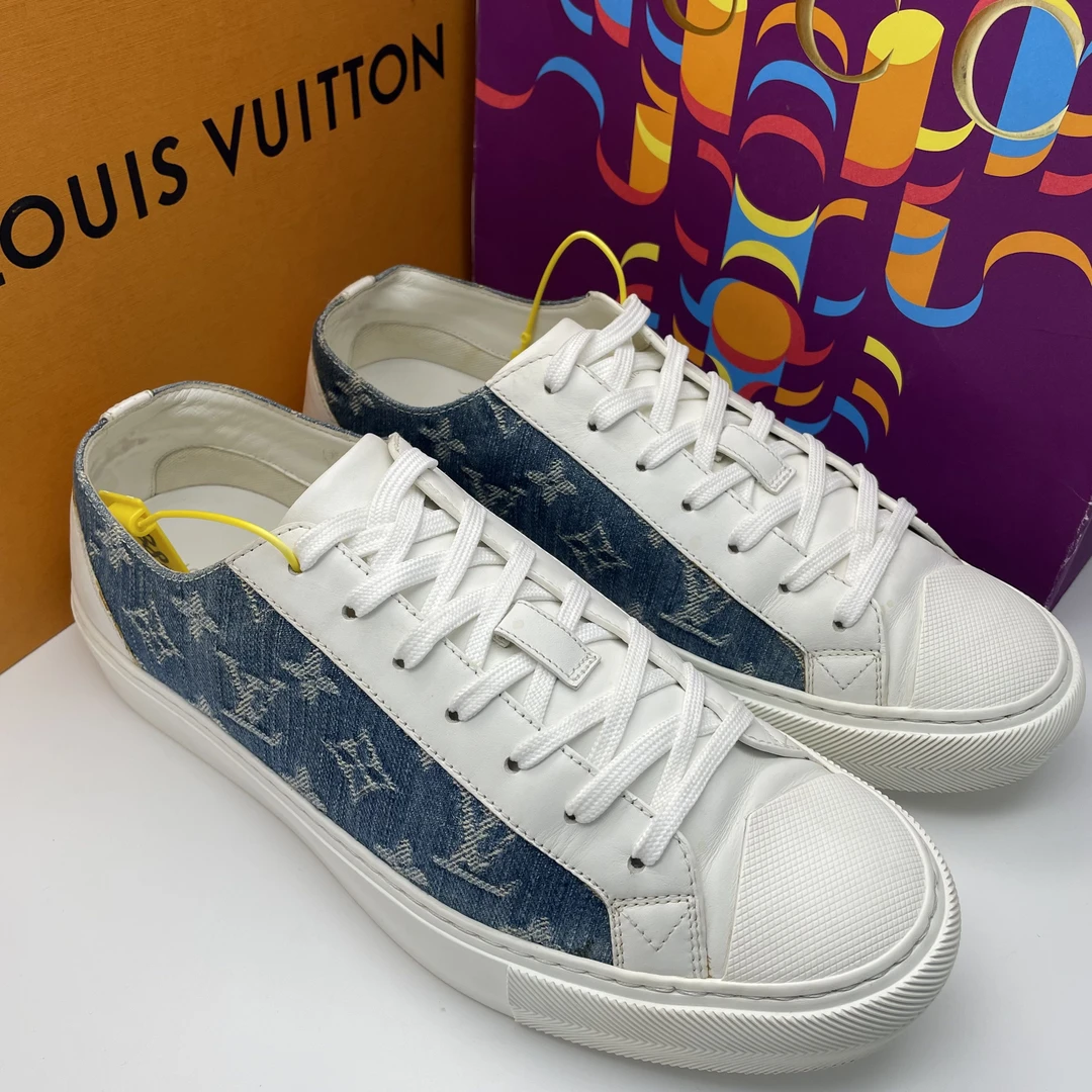 95新 LouisVuitton/路易威登 40.5欧码/蓝白色牛仔布老花低帮板鞋